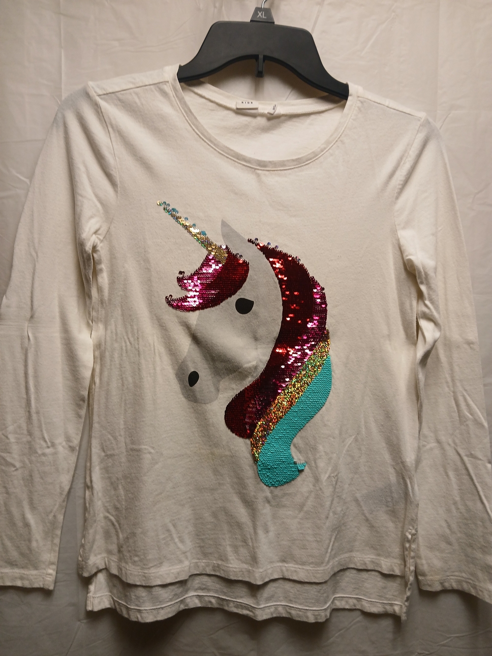 GAP White Long-Sleeve Sequin Unicorn Top with Pink, Teal & Gold Accents